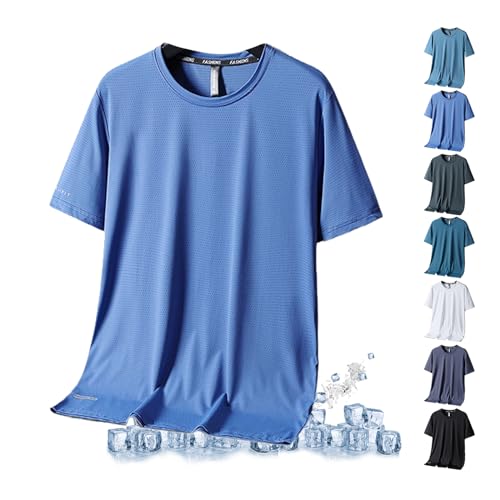 YHTRFDMSG Ice Silk T-Shirt mit Rundhalsausschnitt, 2024, Sommer, schnell trocknend, atmungsaktiv, Eisseide, Rundhalsausschnitt, kurzärmelig, einfarbig, Blau, Größe 3XL von YHTRFDMSG