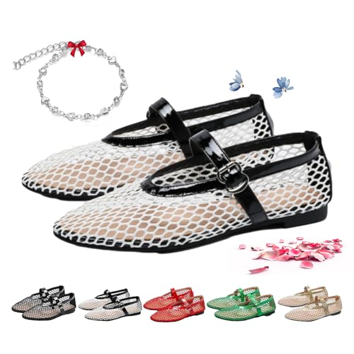 YHTRFDMSG Netz-Ballerinas für Damen, modische Netz-Strick-Ballerinas, Mary Jane, Schnallenriemen, runde Zehenpartie, Fischnetz-Ballerina, Slipper, flache Schuhe von YHTRFDMSG