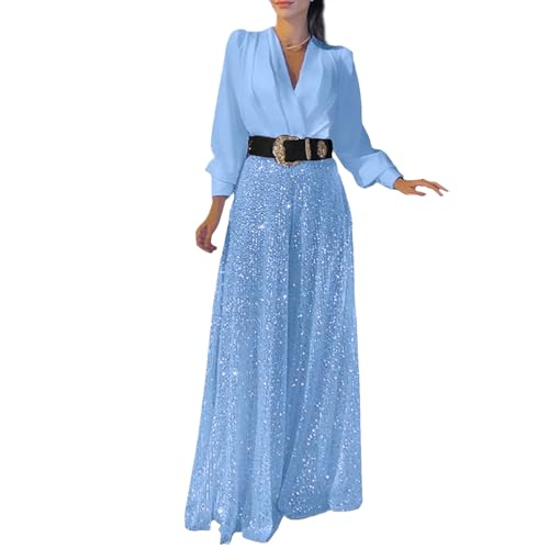 YHTRFDMSG Pailletten-Jumpsuit für Damen, langärmelig, V-Ausschnitt, Pailletten, weites Bein, elegante Jumpsuits für Damen, Abendparty (XXL, Himmelblau) von YHTRFDMSG