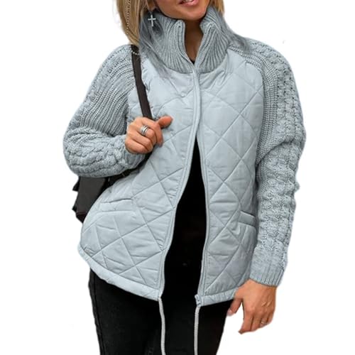 YHTRFDMSG Women's Knit Patchwork Puffy Jacket, 2024 Winter Casual Solid Color Knitted Patchwork Zipped Jacket Lightweight Stand Collar Coats (L,Grey Blue) von YHTRFDMSG