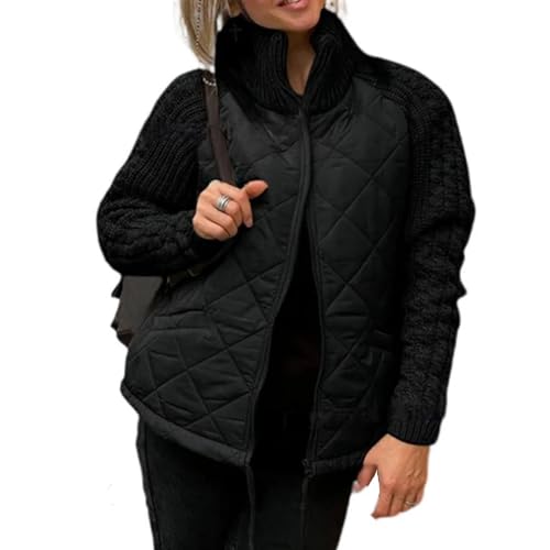 YHTRFDMSG Women's Knit Patchwork Puffy Jacket, 2024 Winter Casual Solid Color Knitted Patchwork Zipped Jacket Lightweight Stand Collar Coats (M,Black) von YHTRFDMSG