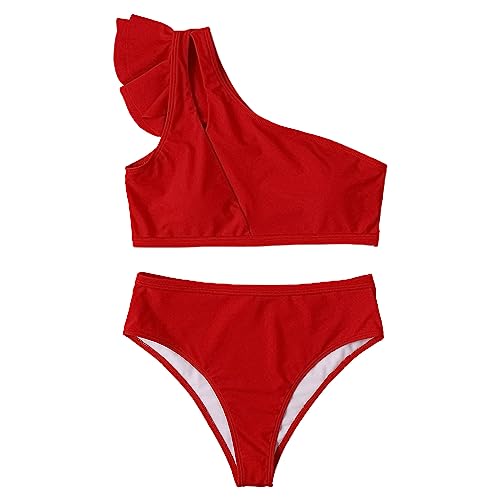 YIGZYCN Frauen 2-stück Einfarbig Weiche Tasche Bikinis Badeanzug Rüschen Beachwear Eine Schulter Breite Träger Rückenfreie Bademode von YIGZYCN