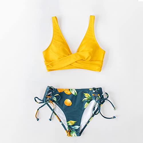 YIHANSS Bikini-Sets mit mittlerer Taille und gelbem und zitronenfarbenem Aufdruck, Badeanzug für Damen, sexy, zum Schnüren, zweiteilig, Bademode, Strand-Badeanzüge (Farbe: Gelb, Größe: Code XS) (Code von YIHANSS
