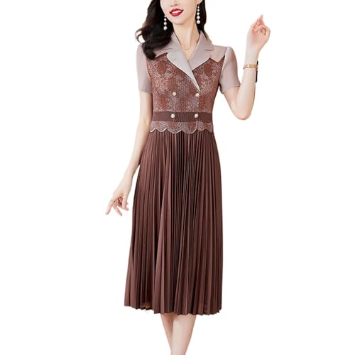 YIHANSS Damen Kurzarm Spitze Vintage Kleid Schwarz Knopf Party Plissee V-Ausschnitt Casual Female Robe Midi Lady von YIHANSS