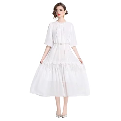 YIHANSS Damen-Rüschen-Kurzarmkleid mit Gürtel, solides Blumenmuster, weicher O-Ausschnitt, Chiffon, Party-Robe, Lange Damenkleider von YIHANSS