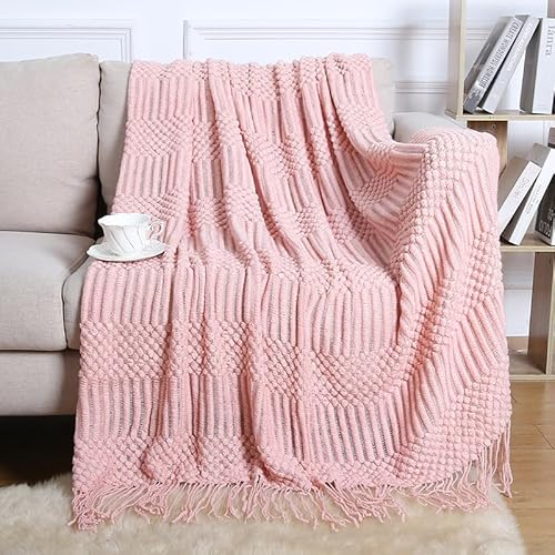 YIHANSS Decke, Feste Strickdecke 130X180Cm Einfache Sofadecke mit Quasten Leichte Sofadecke Bettdecke Überwürfe Passen Alle Jahreszeiten Für Reisen Strandausflüge Camping/Rosa/130 * 180Cm von YIHANSS