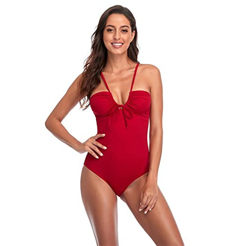 YIHANSS Einteiliger Badeanzug mit Kordelzug hinten für Damen, sexy, hoch Geschnittener Badeanzug, Bademode (Farbe: Rot, Größe: S) von YIHANSS