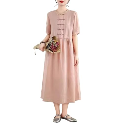 YIHANSS Elegantes und Retro-Kleid im chinesischen Stil für Damen, locker sitzendes Sommerkleid mit Knöpfen und kurzen Ärmeln, Midi von YIHANSS