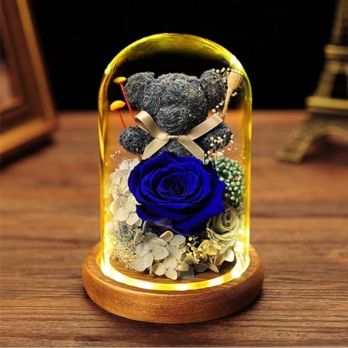 YIHANSS Eternal Rose Mini-Bärenpuppe in Einer Glaskuppel, konservierte Blume für Immer, echte Rose für Schlafzimmer, Party, Tischdekoration, Weihnachtsdekorationen (Farbe: Blau) von YIHANSS