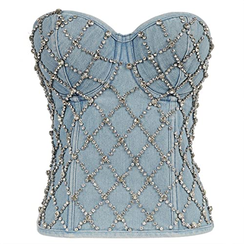 YIHANSS Frauen Korsett Crop Top Diamant Denim trägerlosen BH Top Camis Schnürung Shaping Slim Reißverschluss Vintage Bustiers Jeans (Farbe: Himmelblau, Größe: XL.) von YIHANSS