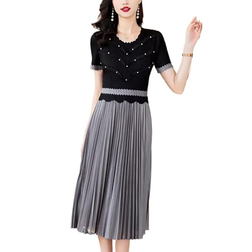 YIHANSS Frauen Kurzarm Rüschen Robe Perlen Plissee Casual Weibliche Sommer Midi Dame Kleider von YIHANSS