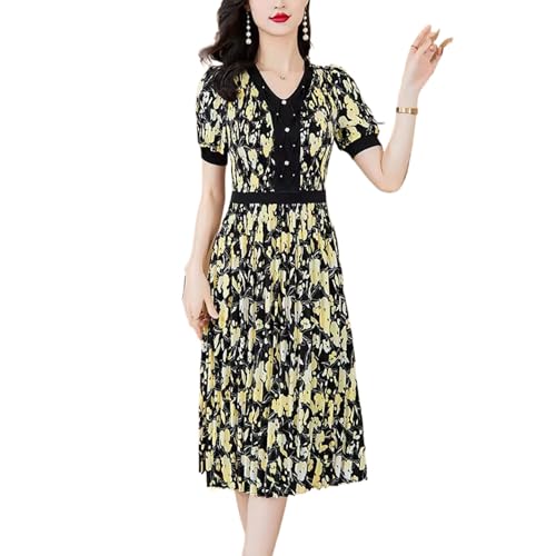 YIHANSS Frauen Perlen Print V-Ausschnitt Kleid Schlank Kurzarm Elastizität Casual Weiche Weibliche Robe Frühling Dame Dresse von YIHANSS