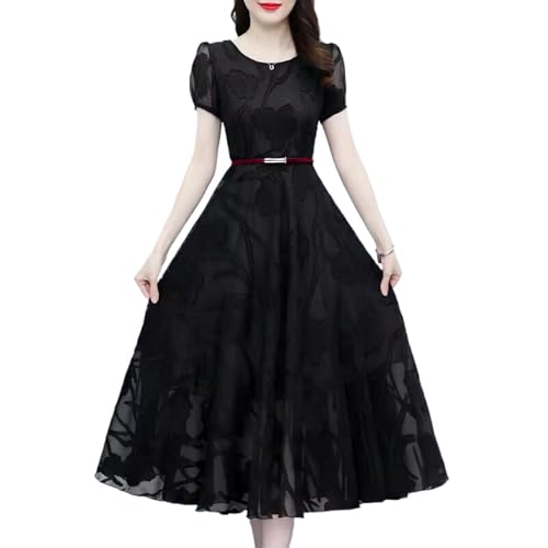 YIHANSS Frauen Stickerei Oansatz Chiffon Kurzarm Kleid Strand Party Weibliche Robe Midi Dame Kleider Monochromatisch von YIHANSS