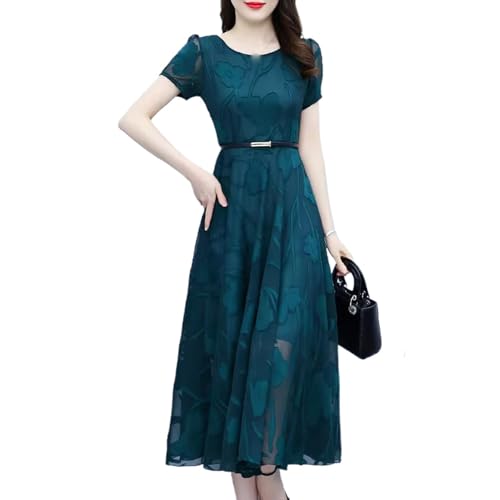 YIHANSS Frauen Stickerei Oansatz Chiffon Kurzarm Kleid Strand Party Weibliche Robe Midi Dame Kleider Monochromatisch von YIHANSS