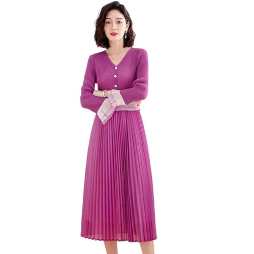 YIHANSS Frauen V-Ausschnitt Rüschen Kleid Schlank Plissee Patchwork Langarm Elastizität Gürtel Weiche Weibliche Dame Kleider von YIHANSS