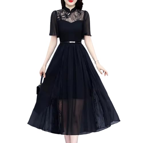 YIHANSS Frauen Vintage Spitze Hohl Kleid Weiche Chiffon Dünne Beiläufige Schwarz Kurzarm Weibliche Robe Frauen Sommer Midi Dame von YIHANSS