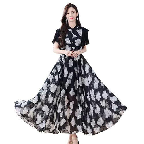 YIHANSS Frauen Vintage Taste Chiffon Midi Kleid Kurzarm Party Robe Casual Weibliche Robe Sommer Urlaub Dame Kleider von YIHANSS