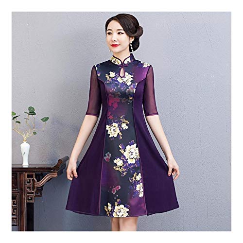 YIHANSS Frühlings-Frauen-reizvolles Chiffon-Kleid-Druck-Blumen-chinesischer Stil-Abend-Party Qipao handgemachter Knopf-Weinlese-Cheongsam (Farbe: Lila, Größe: M.) von YIHANSS