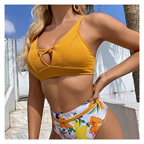 YIHANSS Gelber Bikini-Badeanzug mit hoher Taille und Blumenmuster für Damen, sexy Schnürung, zweiteilig, Bademode, Strand-Badeanzüge (Farbe: Gelb, Größe: Code S) (Gelb M) von YIHANSS