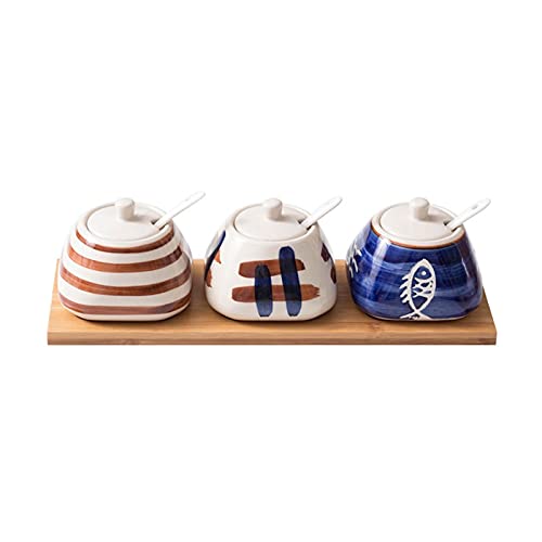 YIHANSS Gewürzgläser aus Keramik, 3er-Pack, handbemaltes Gewürzbox-Set mit Gewürztöpfen und Porzellandeckeln, Löffel und Bambustablett, ideal für die Küche von YIHANSS