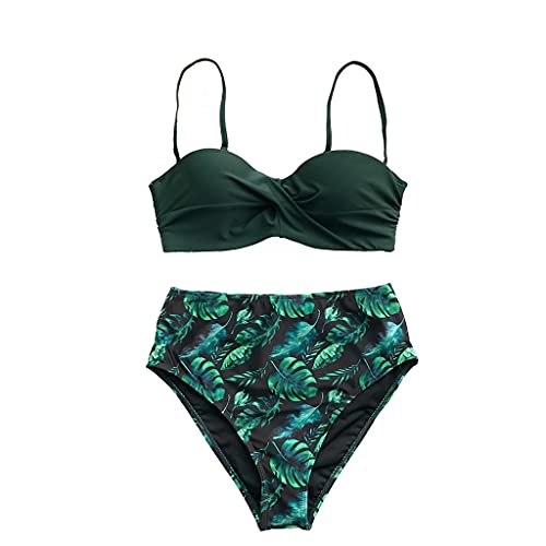 YIHANSS Grünes Bikini-Set mit Blättermuster für Damen, Herzausschnitt, Push-Up, hohe Taille, zweiteilig, Bademode, Strand-Badeanzüge (Farbe: Grün, Größe: Kleiner Code) (Grün X) von YIHANSS
