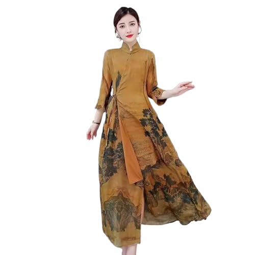 YIHANSS Qipao-Kleid, Frühling, Schnürung, Damenbekleidung, chinesischer Stil, Maulbeerseide, bedrucktes Kleid, lang von YIHANSS