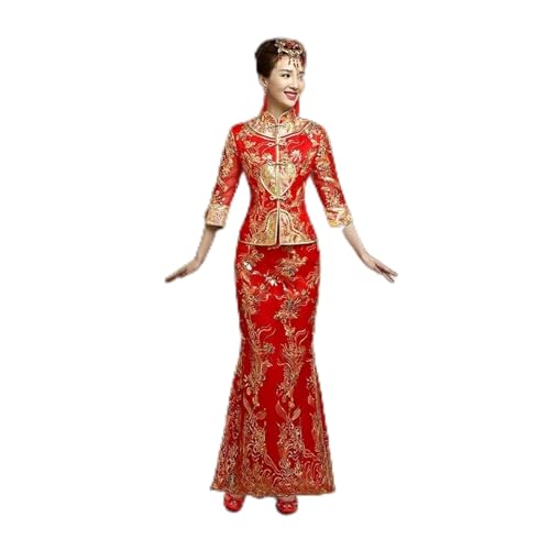 YIHANSS Rote traditionelle chinesische Art-Braut-Hochzeits-Kleider Stickerei Cheongsam-Kleid-Robe-Partei-Abendkleid heiraten Qipao (Farbe: Damen 3, Größe: L.) von YIHANSS