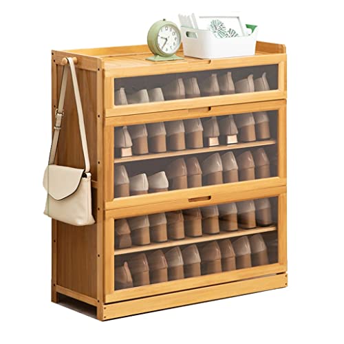 YIHANSS Schuhregal einfache Schuhregale Schuhregal-Organizer aus Holz 5-stufiges Schuhregal mit Klapptür und Haken auf beiden Seiten und Acryltür 22 Paar Turmregal Schrankständer Schuhregal-Organizer von YIHANSS