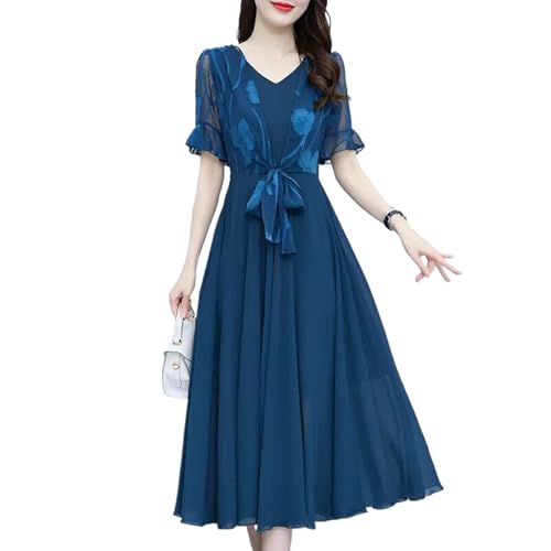 YIHANSS Solide Stickerei V-Ausschnitt Chiffon Kurzarm Bogen Strand Party Weibliche Robe Frauen Sommer Midi Urlaub Dame Kleider von YIHANSS