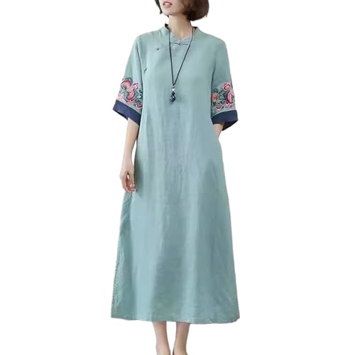 YIHANSS Sommer Art Retro Lose Baumwolle und Hanf Kleid Damen Ethno-Stil Knopf Bestickt Langes Kleid von YIHANSS