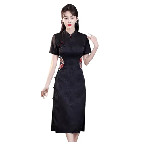 YIHANSS Sommer Qipao Kleid Frau chinesischen Stil Bestickt schwarz Cheongsam von YIHANSS