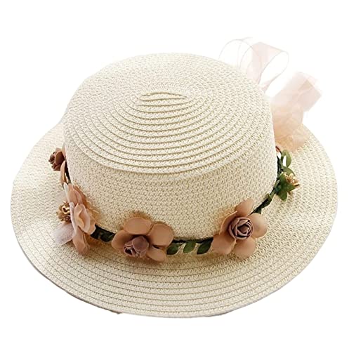 YIHANSS Sonnenhut Strandhut Sommer Weiblicher Sonnenhut Fischerhut Beige Blume Flacher Strohhut Strandhut Strohhut Hüte von YIHANSS