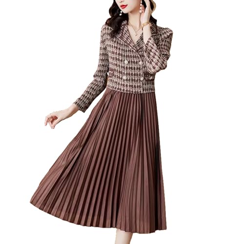 YIHANSS Vintage Stricken Plaid Schlank Taste Plissee Midi Langarm Weibliche Robe Frauen Autunm Dame Kleider von YIHANSS