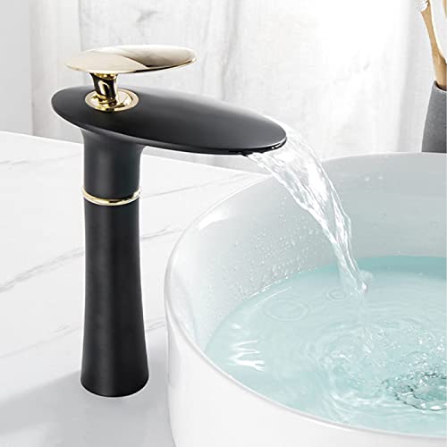 YIHANSS Waschbecken Wasserhahn Wasserfall Schwarz, Messing, Wasserfall Einhebel Waschbecken Wasserhahn, Wasserfall Auslauf Waschbecken Wasserhahn, Hoch, Schwarz Gold Waschbecken Wasserhahn von YIHANSS