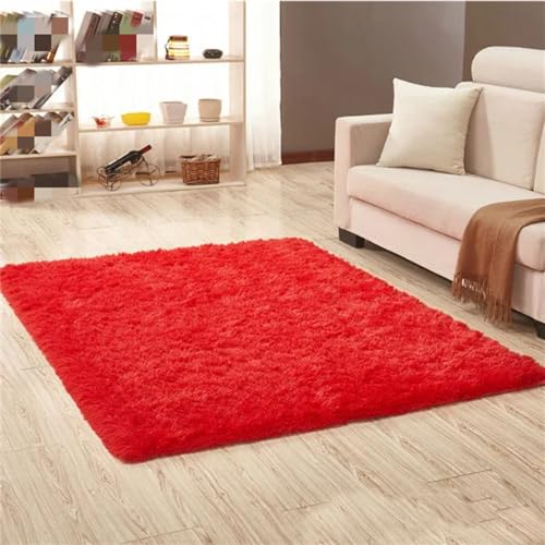 YIHANSS Weicher, seidiger, zotteliger Teppich für das Wohnzimmer, warme Plüsch-Bodenteppiche, Flauschige Matten, Teppich für Badezimmer, Couch-Matten, rot, 80 x 120 cm von YIHANSS