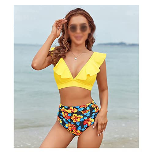 YIHANSS Zweiteiliger Bikini-Badeanzug mit hoher Taille und Rüschen, für Damen, Strandmode, Badebekleidung (Farbe: Gelb, Größe: Code L) (Gelb L) von YIHANSS