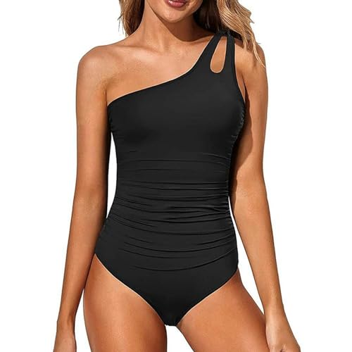 YIMAILD Badeanzug EIN-Schulter Einteiliger Badeanzug Für Frauen Mit Fester Farbe Und Rückenfreiheit-schwarz-m von YIMAILD