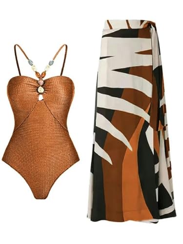 YIMAILD Badeanzug Einköpfiger Bikini-Bikini-Set Konservativer Bauchbedeckungskleid Chiffon Wrap Rock-044 Karamell -Set-m von YIMAILD