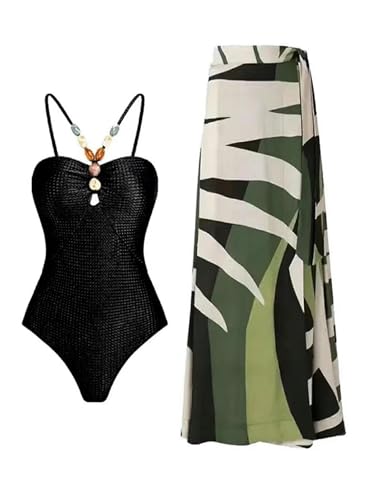 YIMAILD Badeanzug Einköpfiger Bikini-Bikini-Set Konservativer Bauchbedeckungskleid Chiffon Wrap Rock-044 Schwarzer Set-2xl von YIMAILD