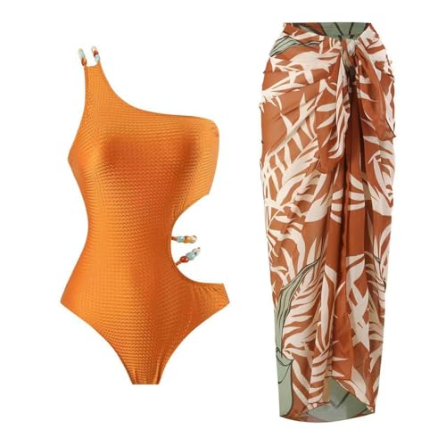 YIMAILD Badeanzug Einköpfiger Bikini-Bikini-Set Konservativer Bauchbedeckungskleid Chiffon Wrap Rock-051 Karamell -Set-XL von YIMAILD