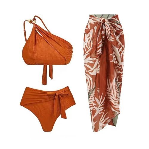 YIMAILD Badeanzug Einköpfiger Bikini-Bikini-Set Konservativer Bauchbedeckungskleid Chiffon Wrap Rock-052 Karamell -Set-l von YIMAILD