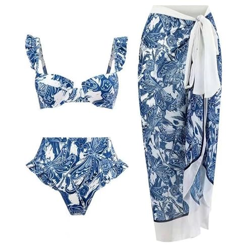 YIMAILD Badeanzug Einköpfiger Bikini-Bikini-Set Konservativer Bauchbedeckungskleid Chiffon Wrap Rock-Stahl Zu Blaues Set-l von YIMAILD