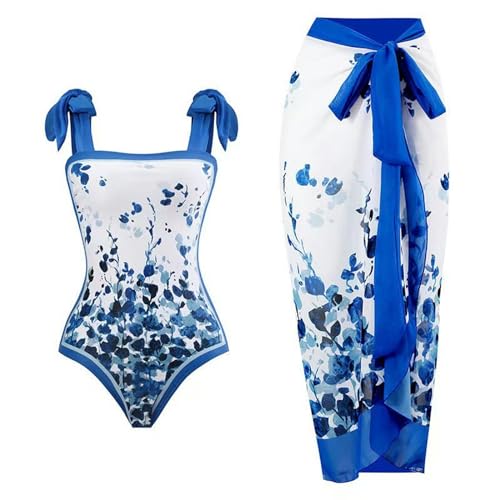 YIMAILD Badeanzug Einköpfiger Bikini-Bikini-Set Konservativer Bauchbedeckungskleid Chiffon Wrap Rock-blaublatt -Set-l von YIMAILD