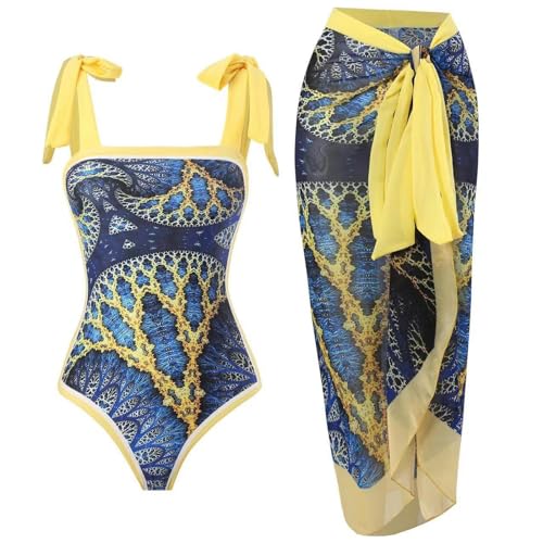 YIMAILD Badeanzug Einköpfiger Bikini-Bikini-Set Konservativer Bauchbedeckungskleid Chiffon Wrap Rock-gelber Anzug-2xl von YIMAILD