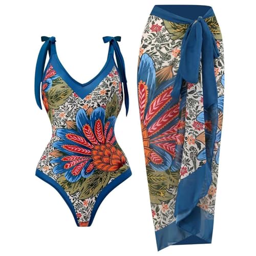 YIMAILD Badeanzug Einköpfiger Bikini-Bikini-Set Konservativer Bauchbedeckungskleid Chiffon Wrap Rock-v -Neck Blue Ananas Set-l von YIMAILD