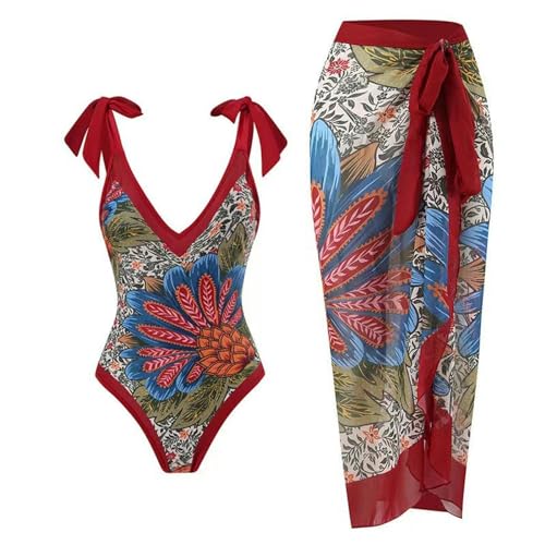 YIMAILD Badeanzug Einköpfiger Bikini-Bikini-Set Konservativer Bauchbedeckungskleid Chiffon Wrap Rock-v -Neck Wein Red Ananas Set-2xl von YIMAILD
