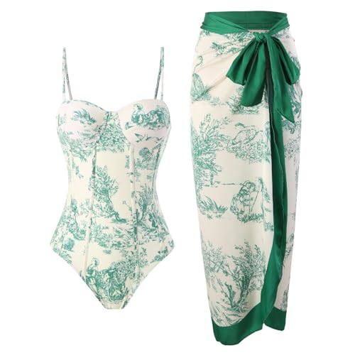 YIMAILD Badeanzug Einteiliger Badeanzug Für Frauen, Eng Anliegender, Schlanker Retro Riemchen-sonnenschutzrock, Zweiteiliger Set-grüner Anzug-s von YIMAILD