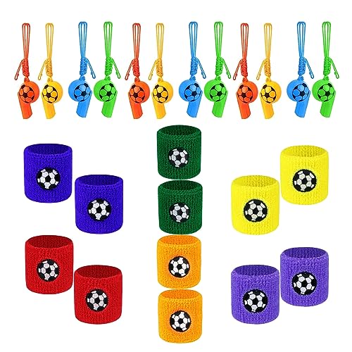 Trillerpfeife Fußball Schweißband Kinder Set 12Stück Trillerpfeife Kunststoffpfeifen+12Stück Schweißband Handgelenksband für Party Sport Gefälligkeiten Trillerpfeife Fußball Schweißband Kinder Set 12Stück Trillerpfeife Kunststoffpfeifen+12Stück Schweißband Handgelenksband für Party Sport Gefälligkeiten von YINGLUOEU