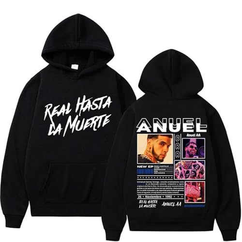 YIOXYOU Anuel Aa Rapper Real Hasta La Muerte Hoodies Männer Frauen Hip Hop Retro Stil Sweatshirt Pullover Harajuku Mode Oversized Kapuze Rundhalsausschnitt Sweatshirt Unterhemd (Black,M) von YIOXYOU