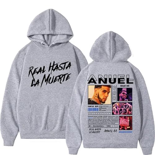 YIOXYOU Anuel Aa Rapper Real Hasta La Muerte Hoodies Männer Frauen Hip Hop Retro Stil Sweatshirt Pullover Harajuku Mode Oversized Kapuze Rundhalsausschnitt Sweatshirt Unterhemd (Grey,M) von YIOXYOU